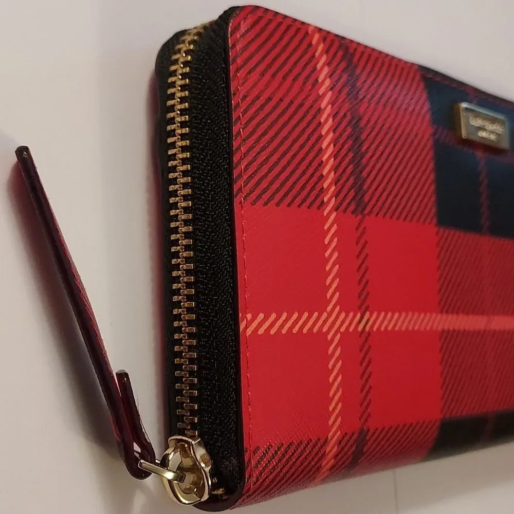 Kate Spade Red Plaid Wallet Saffiano leather zip around
